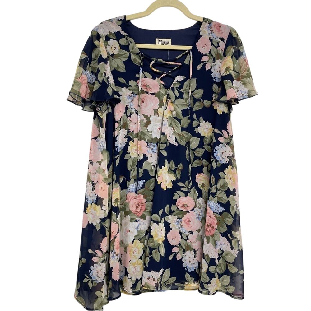 Show Me Your Mumu Navy Blue Floral Mini Shift Dress Womens S Babydoll Coquette